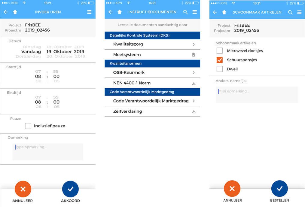 registratie app Jansma & Dik - registratieschermen