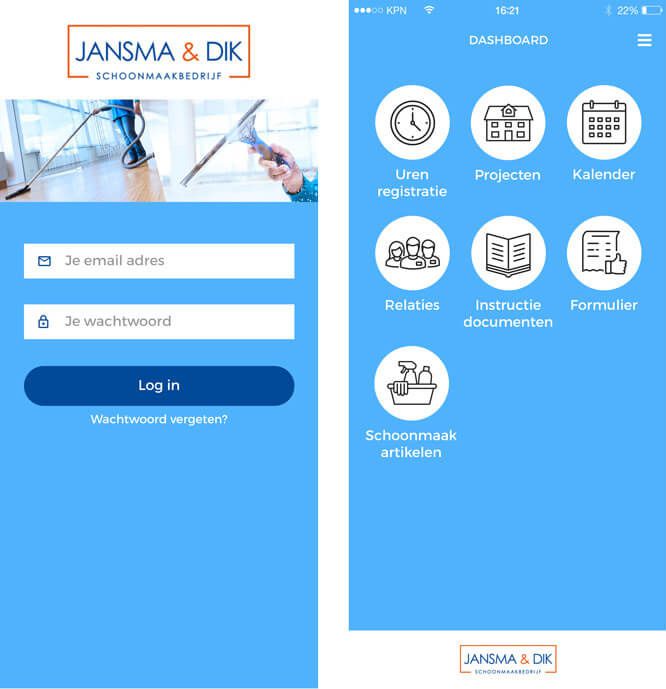 registratie app Jansma & Dik - startschermen