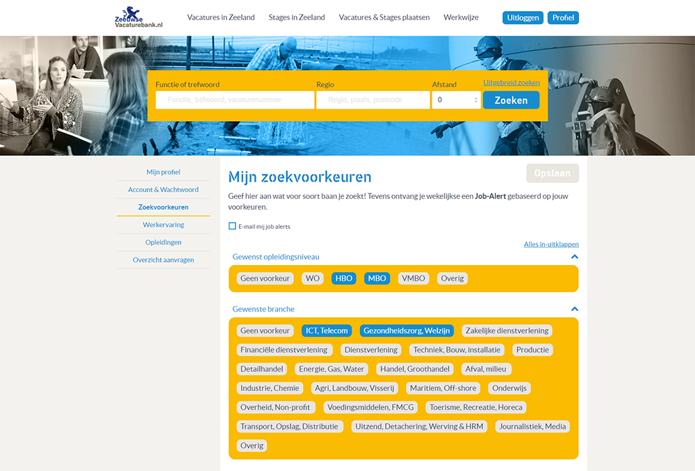 zeeuwse vacaturebank zoekvoorkeuren gebruiker